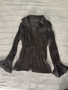 Sheer Button-Front Blouse in Deep Charcoal